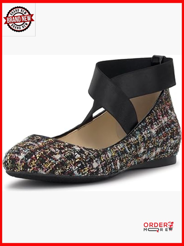 Black Sparkle Tweed Ballet Flats With Ankle Strap, Memory Foam Cushion